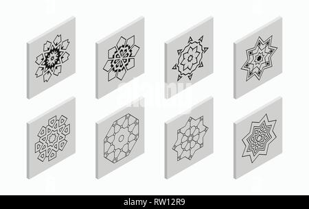 Isometric icons with abstract symmetric symbols. Flat 3D tiles, geometric logos, isolated on light gray background. Vector illustration. Stock Vector
