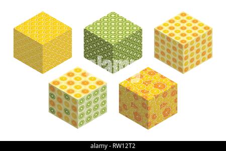 3D cubes with fruit backgrounds on each side. Set of spatial figures isolated on white background. Flat isometric graphics. Summer bright colors. Stock Vector