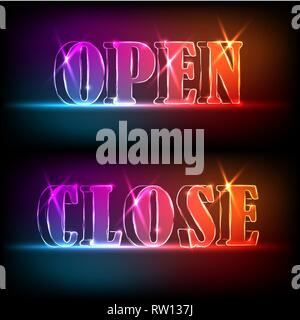 Open, close signborads. Neon effect in blue and red colors on dark background. Vector Stock Vector