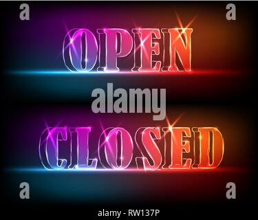 Open, close signborads. Neon effect in blue and red colors on dark background. Vector Stock Vector
