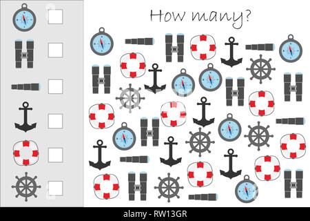 How many counting game with marine pictures for kids, educational maths task for the development of logical thinking, preschool worksheet activity, co Stock Vector