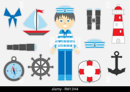 Different colorful marine pictures for children, fun education game for kids, preschool activity, set of stickers, vector Stock Vector