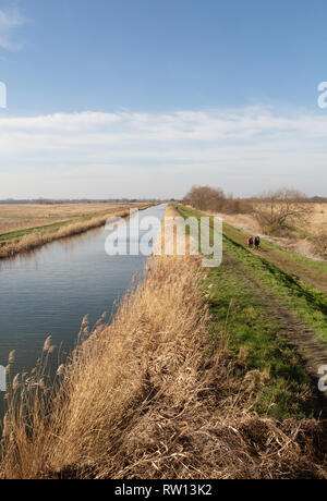 Walkers walking beside Burwell Fen, Burwell in February,  Cambridgeshire East Anglia UK Stock Photo