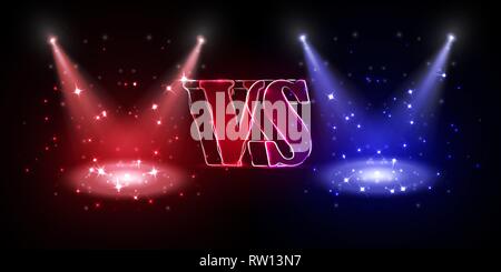 Versus round blue and red glow rays night scene with sparks on dark background. Light effect podium. Disco club dance floor. Beam stage. Magic fantasy Stock Vector