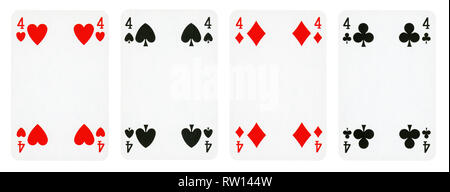 Four Playing Cards Isolated on White Background, Showing Four from Each Suit - Hearts, Clubs, Spades and Diamonds. Stock Photo