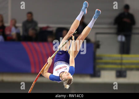 Great Britain's Holly Bradshaw during the Women's Pole Vault Final during day three of the European Indoor Athletics Championships at the Emirates Arena, Glasgow. Stock Photo