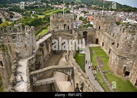 A view from a tower down onto the inside of Conwy Castle, Conwy, North Wales, UK Stock Photo