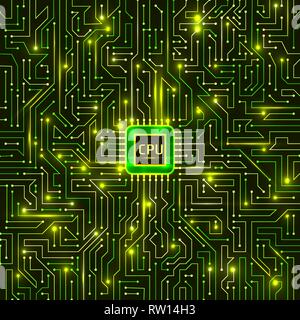 Computer processor and motherboard system chip. CPU chip electronic circuit board with processor vector illustration. Stock Vector