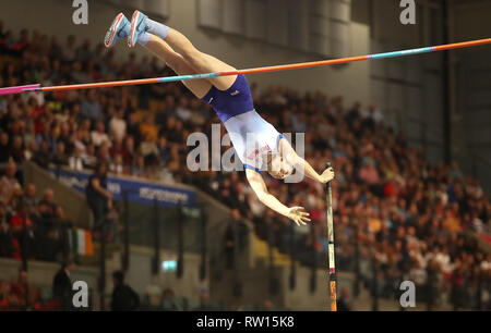 Great Britain's Holly Bradshaw during the Women's Pole Vault Final during day three of the European Indoor Athletics Championships at the Emirates Arena, Glasgow. Stock Photo