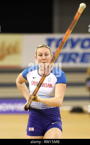 Great Britain's Holly Bradshaw during the Womens Pole Vault during day three of the European Indoor Athletics Championships at the Emirates Arena, Glasgow. Stock Photo