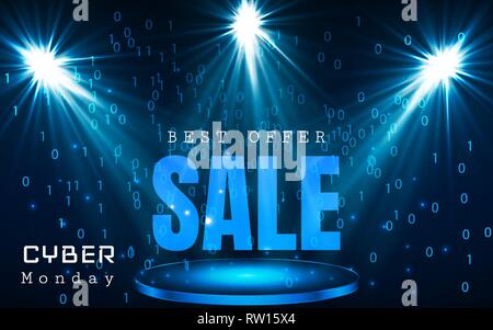 Cyber Monday Sale vector banner template. Blue shining binary code background with arrows and sample text Stock Vector