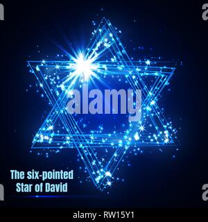 The six-pointed Star of David, shining blue magic vector star. Stock Vector