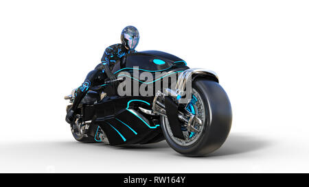 Biker girl with helmet riding a sci-fi bike, black futuristic motorcycle isolated on white background, 3D rendering Stock Photo