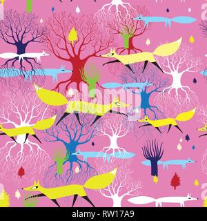 Seamless beautiful pattern of bright foxes and trees on a pink background Stock Vector
