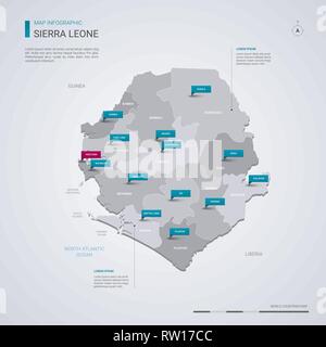 Sierra Leone vector map with infographic elements, pointer marks. Editable template with regions, cities and capital Freetown. Stock Vector