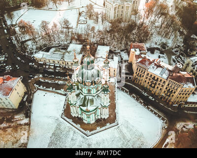 Aerial flyover of Saint Andrew's Church. Stock Photo