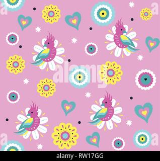 Bright Vector seamless pattern with cute parrot and exotic tropical flowers Stock Vector