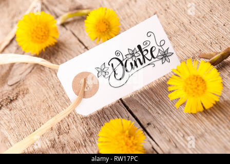 Label, Dandelion, Calligraphy Danke Means Thank You Stock Photo