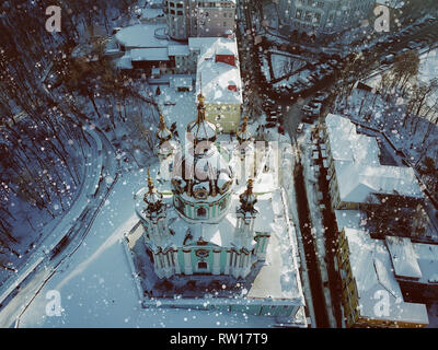 Aerial flyover of Saint Andrew's Church. Stock Photo