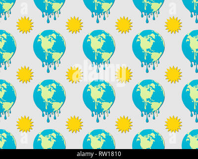 pattern with melting earth and sun signs on grey background, global warming concept Stock Photo