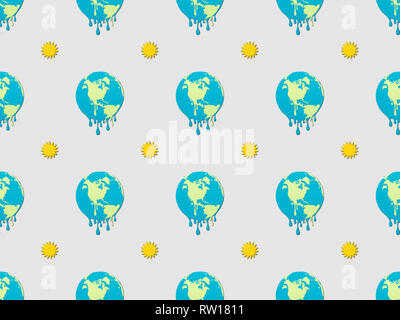 pattern with melting globes and sun signs on grey background, global warming concept Stock Photo