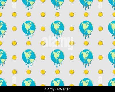 pattern with melting globes and sun signs on grey background, global warming concept Stock Photo