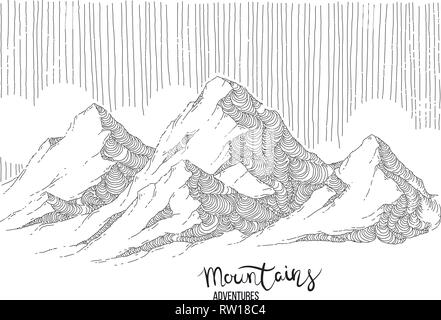 Hand drawn image of a mountain peak, engraving style, grunge textured vector illustrations. Lettering Mountains Adventure Stock Vector