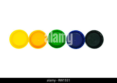 Five plastic caps isolated on white background Stock Photo