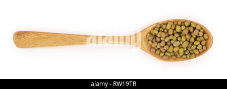 Mung beans in a wooden spoon isolated on white background. Top view Stock Photo