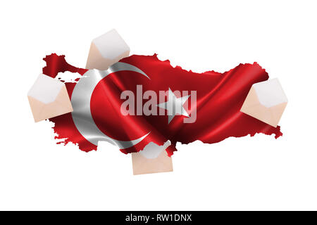 Concept of ballot voting paper and envelopes around Turkey country map, isolated on white background. Stock Photo