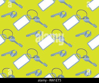 hotel keys with blank white key fob seamless pattern green background horizontal Stock Vector