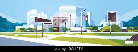 big hospital building modern medical clinic exterior with yard information board trees cityscape background flat horizontal banner Stock Vector