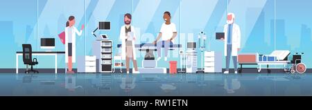 doctors team visiting disabled man patient sitting on operation table healthcare concept hospital room interior modern medical clinic horizontal Stock Vector