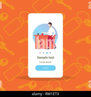 businessman tourist with suitcase ringing in bell at reception counter man pressing call button to attract attention hotel service concept vertical Stock Vector