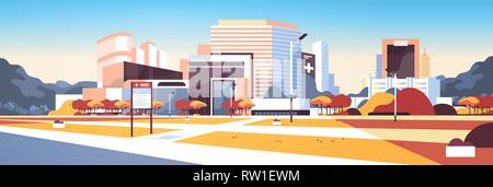 big hospital building modern medical clinic exterior with yard information board trees cityscape background outdoors in autumn flat horizontal Stock Vector
