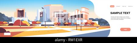 big hospital building modern medical clinic exterior with yard information board trees cityscape background outdoors in autumn flat horizontal banner Stock Vector