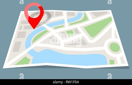 Folded map paper with red pin icon. Flat color style vector illustration. Stock Vector