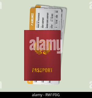 International passport with boarding passes. Two orange Airline tickets with red international passport. Realistic vector illustration. Stock Vector