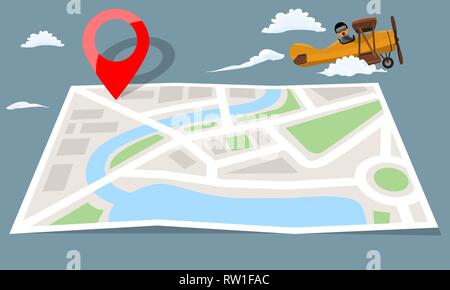 Retro vintage plane flying over folded city map paper and red pin. Flat vector illustration. Stock Vector