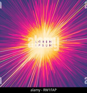 Background with explosion. Starburst dynamic lines. Solar or starlight emission. 3d futuristic technology style. Vector illustration. Stock Vector