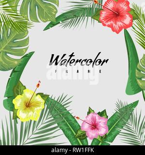 Tropical backdrop with frame or border made of tropical exotic foliage and leaves and place for text. Flat watercolor vector illustration. Stock Vector