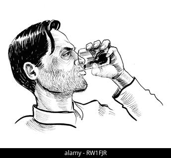 Alcoholic man drinking a glass of whiskey. Ink black and white drawing Stock Photo