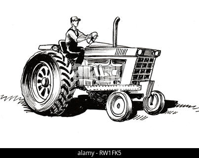Farmer working on retro tractor. Ink black and white drawing Stock Photo