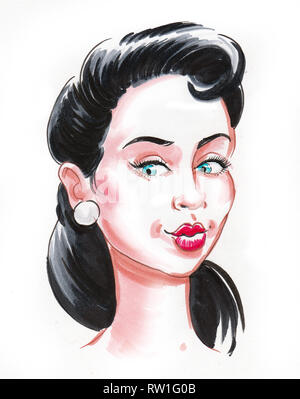 Pretty pin-up styled woman. Ink and watercolor drawing Stock Photo