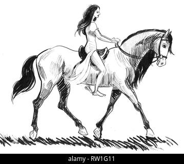 Pretty woman riding a horse. Ink black and white drawing Stock Photo