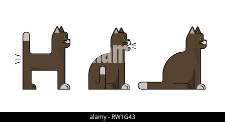 Brown cats. Collection of flat icons. Sitting, standing, farting Vector illustration. Stock Vector