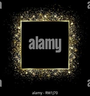 Golden square frame and Glitter. Glowing particles Stock Vector