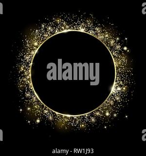 Gold round frame and Glitter. Glowing particles Stock Vector