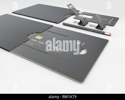 USB flash card empty template for corporate identity on isolated gray. Stock Photo