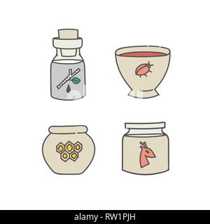Natural organic products containers glass bottle jar bowl and pot set of doodles outline linear icons collection of ingredients fat honey birch sap co Stock Vector